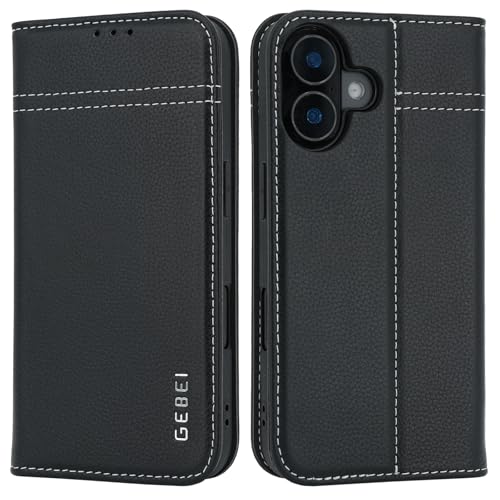 Hülle Echt Leder für iPhone 16 (6,1") - Premium Echte Lederhülle mit Standfunktion Kartenfach Magnetverschluss Flip Case Ledertasche Handyhülle Schutzhülle Klapphülle – Schwarz von Gebei
