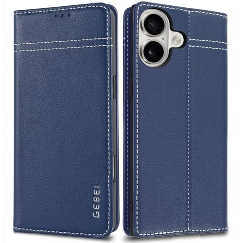 Hülle Echt Leder für iPhone 16 Plus (6,7") - Premium Echte Lederhülle mit Standfunktion Kartenfach Magnetverschluss Flip Case Ledertasche Handyhülle Schutzhülle Klapphülle – Blau von Gebei