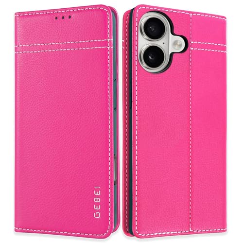Hülle Echt Leder für iPhone 16 Plus (6,7") - Premium Echte Lederhülle mit Standfunktion Kartenfach Magnetverschluss Flip Case Ledertasche Handyhülle Schutzhülle Klapphülle – Pink von Gebei