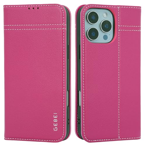 Hülle Echt Leder für iPhone 16 Pro (6,3") - Premium Echte Lederhülle mit Standfunktion Kartenfach Magnetverschluss Flip Case Ledertasche Handyhülle Schutzhülle Klapphülle – Pink von Gebei