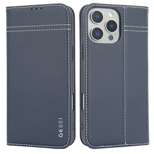 Hülle Echt Leder für iPhone 16 Pro Max (6,9") - Premium Echte Lederhülle mit Standfunktion Kartenfach Magnetverschluss Flip Case Ledertasche Handyhülle Schutzhülle Klapphülle – Blau von Gebei