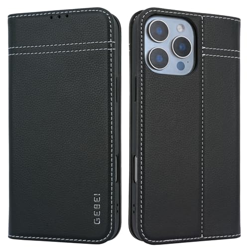 Hülle Echt Leder für iPhone 16 Pro Max (6,9") - Premium Echte Lederhülle mit Standfunktion Kartenfach Magnetverschluss Flip Case Ledertasche Handyhülle Schutzhülle Klapphülle – Schwarz von Gebei