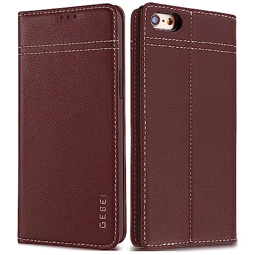 Hülle Echt Leder für iPhone 6 Plus, iPhone 6s Plus (5,5") - Premium Lederhülle Klapphülle mit Standfunktion und Kartenfächer Flip Case Ledertasche für iPhone 6 Plus / 6s Plus - 5,5 Zoll (Braun) von Gebei