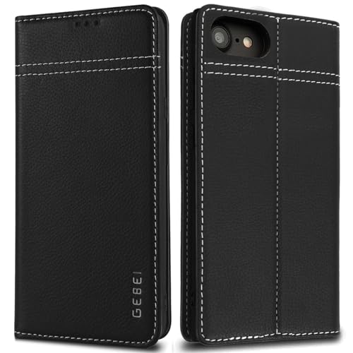 Hülle Echt Leder für iPhone 7/8/SE 2020/SE 2022 (4,7") - Premium Echte Lederhülle mit Standfunktion Kartenfach Magnetverschluss Flip Case Ledertasche Handyhülle Schutzhülle Klapphülle – Schwarz von Gebei