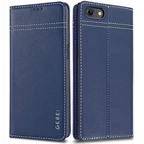 Hülle Echt Leder für iPhone 7/8/SE2020/SE2022 - Premium Klapphülle Magnetische Tasche mit Standfunktion und Kartenfächer Flip Case Ledertasche - Blau von Gebei