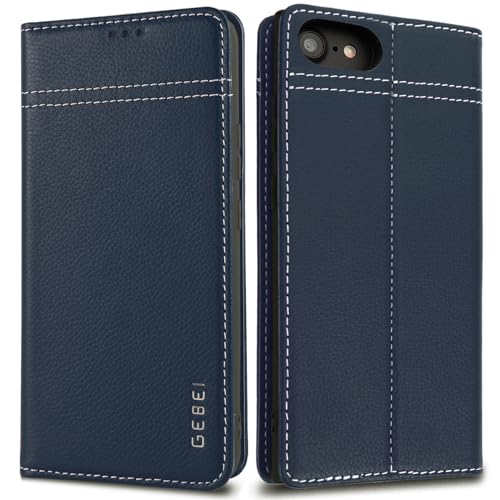 Hülle Echt Leder für iPhone 7/8/SE2020/SE2022 - Premium Klapphülle Magnetische Tasche mit Standfunktion und Kartenfächer Flip Case Ledertasche - Blau von Gebei