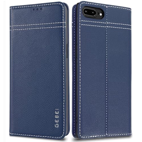 Hülle Echt Leder für iPhone 7 Plus/8 Plus (5,5") - Premium Echte Lederhülle mit Standfunktion Kartenfach Magnetverschluss Flip Case Ledertasche Handyhülle Schutzhülle Klapphülle – Blau von Gebei