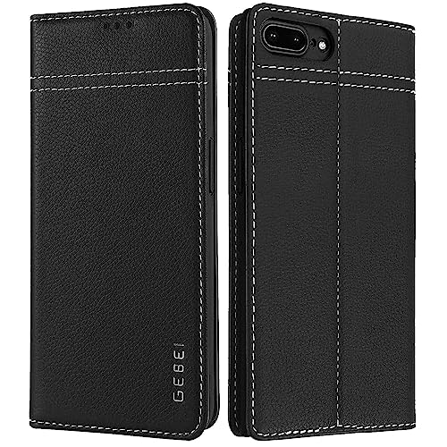 Hülle Echt Leder für iPhone 7 Plus/8 Plus (5,5") - Premium Echte Lederhülle mit Standfunktion Kartenfach Magnetverschluss Flip Case Ledertasche Handyhülle Schutzhülle Klapphülle – Schwarz von Gebei