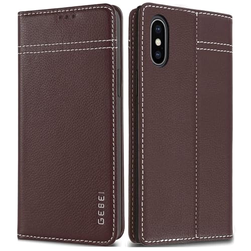 Hülle Echt Leder für iPhone X, iPhone XS - Premium Lederhülle Klapphülle mit Standfunktion und Kartenfächer Flip Case Ledertasche für iPhone X, XS - 5,8 Zoll (Braun) von Gebei