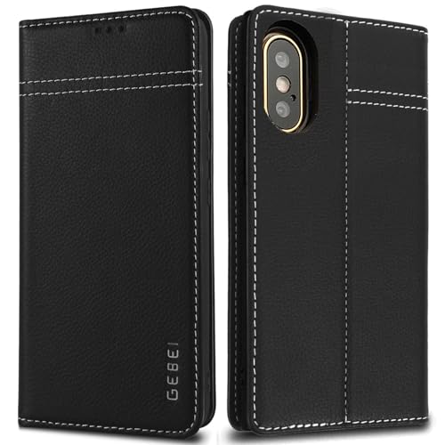 Hülle Echt Leder für iPhone X, iPhone XS - Premium Lederhülle Klapphülle mit Standfunktion und Kartenfächer Flip Case Ledertasche für iPhone X, XS - 5,8 Zoll (Schwarz) von Gebei