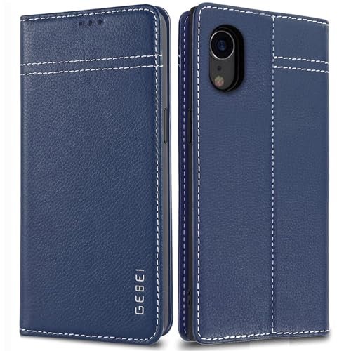 Hülle Echt Leder für iPhone XR - Premium Lederhülle Klapphülle mit Standfunktion und Kartenfächer Flip Case Ledertasche für iPhone XR - 6,1 Zoll (Blau) von Gebei