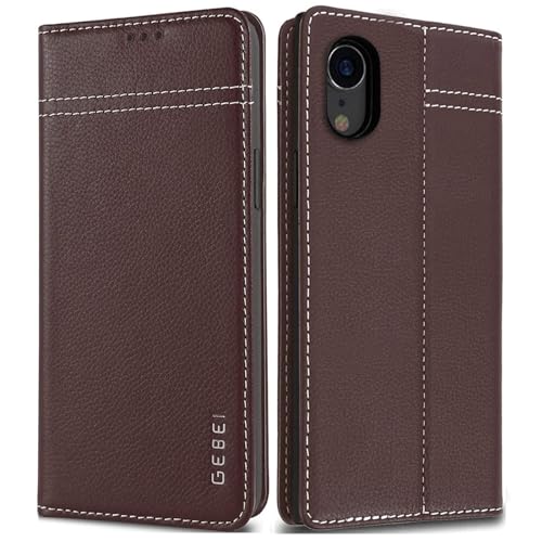 Hülle Echt Leder für iPhone XR - Premium Lederhülle Klapphülle mit Standfunktion und Kartenfächer Flip Case Ledertasche für iPhone XR - 6,1 Zoll (Braun) von Gebei