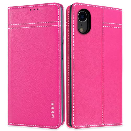 Hülle Echt Leder für iPhone XR - Premium Lederhülle Klapphülle mit Standfunktion und Kartenfächer Flip Case Ledertasche für iPhone XR - 6,1 Zoll (Pink) von Gebei