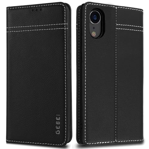 Hülle Echt Leder für iPhone XR - Premium Lederhülle Klapphülle mit Standfunktion und Kartenfächer Flip Case Ledertasche für iPhone XR - 6,1 Zoll (Schwarz) von Gebei