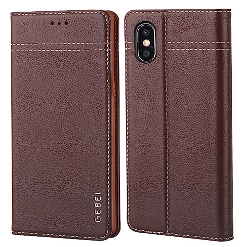 Hülle Echt Leder für iPhone XS Max (6,5") - Premium Lederhülle Klapphülle mit Standfunktion und Kartenfächer Flip Case Ledertasche für iPhone XS Max - 6,5 Zoll (Braun) von Gebei