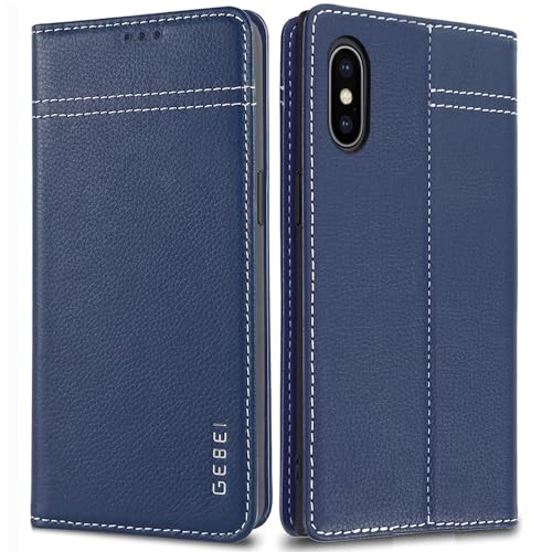 Hülle Echt Leder für iPhone XS Max - Premium Lederhülle Klapphülle mit Standfunktion und Kartenfächer Flip Case Ledertasche für iPhone XS Max - 6,5 Zoll (Blau) von Gebei