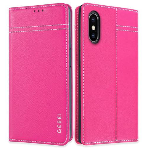 Hülle Echt Leder für iPhone XS Max - Premium Lederhülle Klapphülle mit Standfunktion und Kartenfächer Flip Case Ledertasche für iPhone XS Max - 6,5 Zoll (Pink) von Gebei