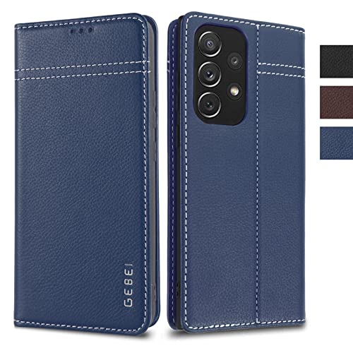 Hülle Echt Leder kompatibel mit Samsung - Premium Leder Hülle Magnetische Klapphülle mit Standfunktion und Kartenfächer Flip Case Ledertasche für Samsung iPhone (Für Samsung Galaxy A53 5G, Blue) von Gebei