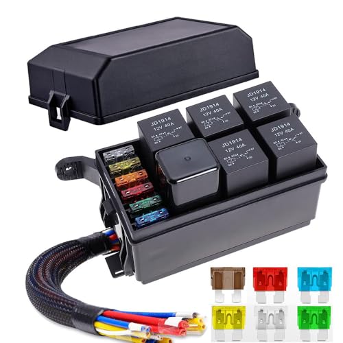 Gebildet 12V Relaisbox und Sicherung mit 5Stück 5-Pin JD1914 40A Relais und 1 Stück 4-Pin Relais 6 ATC/ATO Flachsicherung, wasserdichte Universal-Relaisbox für Auto, LKW, Automobil, Marine, Boot von Gebildet