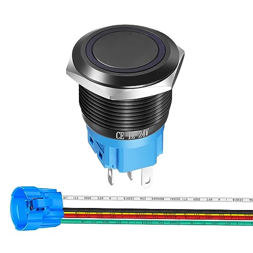 Gebildet 19 mm Edelstahl-Momentdrucktaster, 12 V–24 V, LED, 1 Schließer, 1 Öffner, SPDT, EIN/Aus, wasserdichter Knopf mit Kabelsteckdose (blaue LED und schwarzes Gehäuse) von Gebildet