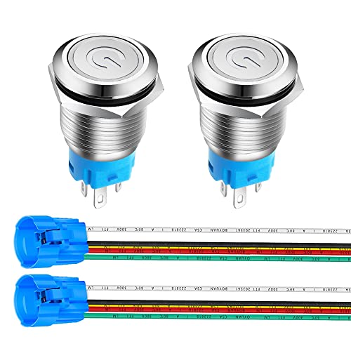 Gebildet 2 Stücke 16mm Edelstahl Latching Drucktastenschalter 3V-5V-6V-7.5V-9V/3A Power Symbol LED 1NO1NC SPDT ON Off Wasserdichter Kippschalter mit Steckdose Stecker (Weiß LED) von Gebildet