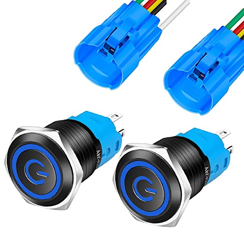 Gebildet 2Stück 0,63''/16mm Metall Schwarzer Druckschalter 12V-24V 3A Power Symbol LED 1NO1NC SPDT An/Aus Wasserdichter Kippschalter mit Drahtbuchsenstecker (Blaue LED) von Gebildet