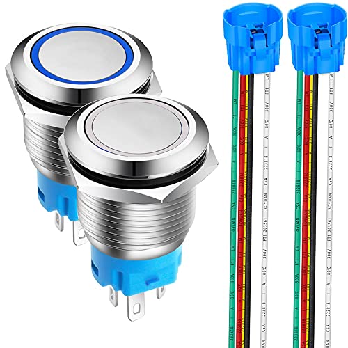 Gebildet 2Stücke 19mm Edelstahl Kurzzeitiger Drucktasten 12V-24V 5A LED 1NO1NC SPDT ON Off Wasserdichter Momentan Drück Knöpfe mit Steckdose Stecker (Blau + Weiß LED) von Gebildet