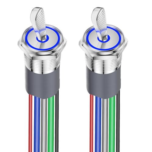 Gebildet 2pcs 16mm Vorverdrahteter Wippschalter 12V-24V, SPST EIN/AUS LED Kippschalter, Wasserdicht IP67 Elektrischer Kippschalter Silber Chrom Messing Metall für Auto Marine Armaturenbrett (Blau) von Gebildet