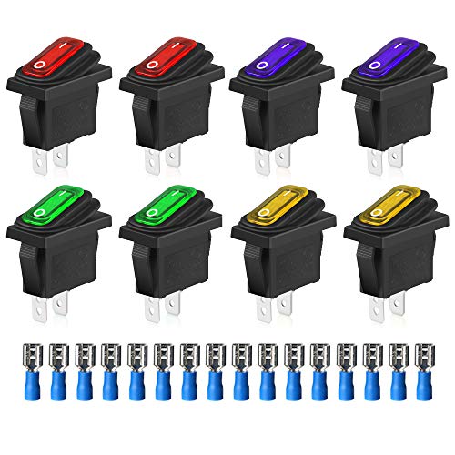 Gebildet 8Pcs Wasserdichtes Auto EIN/AUS SPST 3 Pin 2 Position 12V/24V/125V/250V-15A, KCD3 Kippschalter (Rot/Gelb/Grün/Blau) + 16Pcs Klemmen von Gebildet