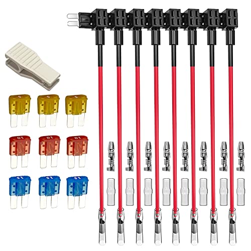 Gebildet 8Stück 12V 24V Add-a-Circuit Micro 2Sicherungshahn, Piggy Back Blade Sicherungshalter mit Kabelbaum, 9 Stück Micro 2Sicherung (5A 10A 15A) und Sicherungsabzieher von Gebildet