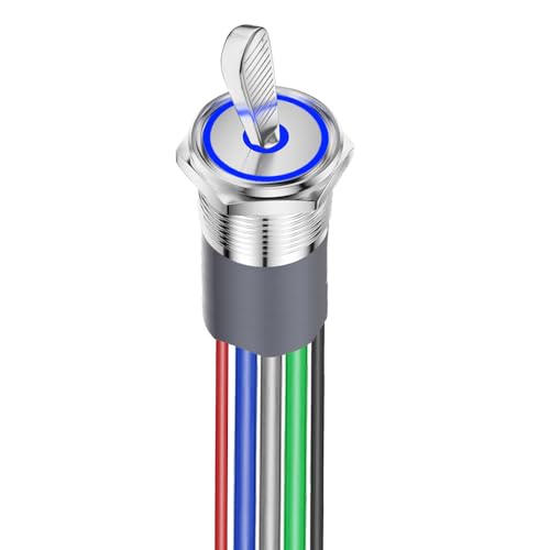 Gebildet SPST LED-Kippschalter, 12V-24V 16mm großer runder Wippschalter mit blau beleuchtetem, IP67 wasserdichtem elektrischen Kippschalter Silber Chrom Messing Metall für Auto Marine Dash Dashboard von Gebildet