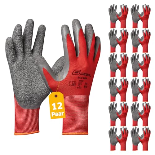 Gebol Eco Grip, Arbeitshandschuhe für einen sicheren Griff, Latexhandschuhe für Damen und Herren, Größe M (Gr 8), Rot, 12 Paar Multipack von Gebol