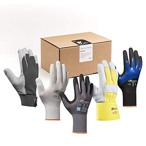 Gebol GOO Handschuhbox Bau | Arbeitshandschuhe-Set aus Nitrilhandschuhen mit Noppen, Lederhandschuhen, Nylonhandschuhen, Gartenhandschuhen & 1x Schutzbrille | Für Herren | Größe XL (Gr 10) | 8 Paar von Gebol