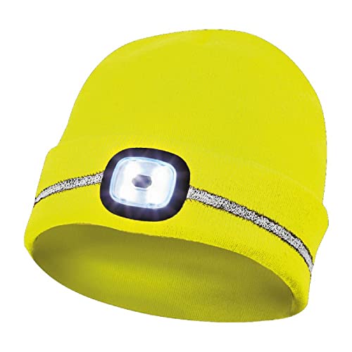 Gebol LED Haube gelb | Stirnlampe auf Strickmütze | Beanie mit Reflexionsstreifen | USB-Anschluss zum Aufladen | 60 Minuten Leuchtdauer | 4 Leuchtstufen | Unisex | Gelb | 1 Stück von Gebol