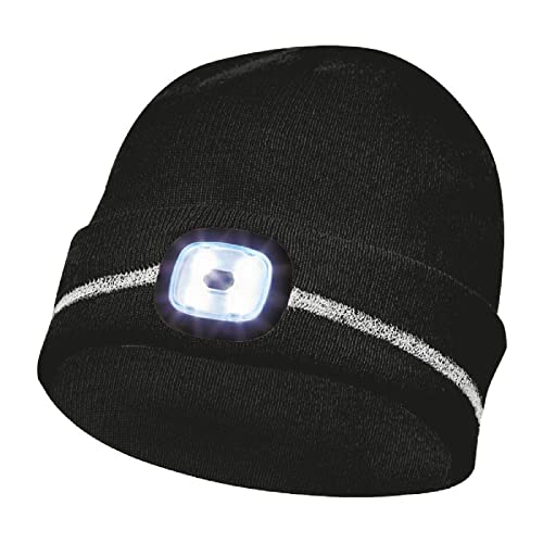 Gebol LED Haube schwarz | Stirnlampe auf Strickmütze | Beanie mit Reflexionsstreifen | USB-Anschluss zum Aufladen | 60 Minuten Leuchtdauer | 4 Leuchtstufen | Unisex | Schwarz | 1 Stück von Gebol