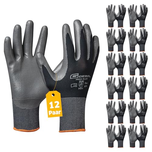 Gebol Midi Flex | Arbeitshandschuhe mit abweisender Nitril-Beschichtung | Nitrilhandschuhe für Werkstatt & Garten | Für Damen und Herren | Größe M (Gr 8) | Schwarz | 12 Paar Multipack von Gebol