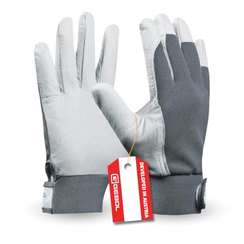 Gebol Arbeitshandschuhe aus hochwertigem Leder, Handschuhe Herren für Bau, Mechanik und Garten mit elastischem Bund und Klettverschluss, 1 Paar Sicherheitshandschuhe Gr. L (Gr. 9), Weiß/Grau von Gebol