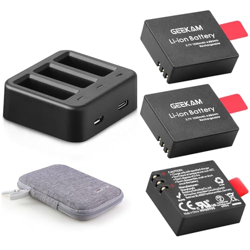 GEEKAM Action Cam Akku, 1350mAh Akku (3 Stück), mit 3-Kanal-Ladegerät mit Sportkamera für AKASO EK7000, CAMPARK, Crosstour, APEMAN, SJ4000 von GeeKam