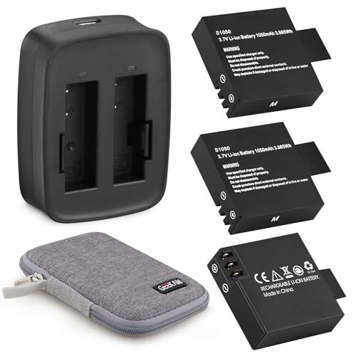 GeeKam S1050 Akku (3er-Pack) mit 2-Kanal Ladegerät für AKASO V50 Elite, Goxtreme Blackhawk+/Blackhawk/Stage, ThiEYE T5/T5e/T5 Edge/T5 pro/E7, Andoer AN7000, Rollei 530/630, TecTecTec XPRO4+ von GeeKam