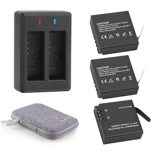 GeeKam 1350mAh Akku (3-Pack) mit 2-Kanal-Ladegerät für AKASO Brave 7 LE(Nicht für Brave 7), WOLFANG GA400 / GA420, Rollei 6s Plus/8s Plus/9s Plus, XTU S3/S6, LAMAX W9.1 von GeeKam