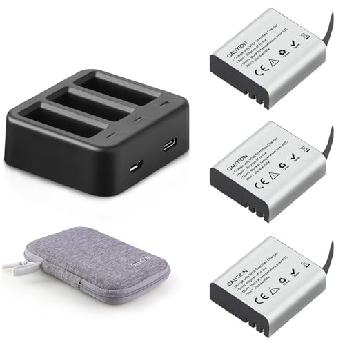 GeeKam Action Cam Akku wiederaufladbar 3 X 1350mAh mit 3-Kanal-Akku-Ladegerät für AKASO brave4/v50x/brave6, Apexcam, COOAU, Dragon Touch, Exprotrek, EKEN, S009R, PG1050 von GeeKam