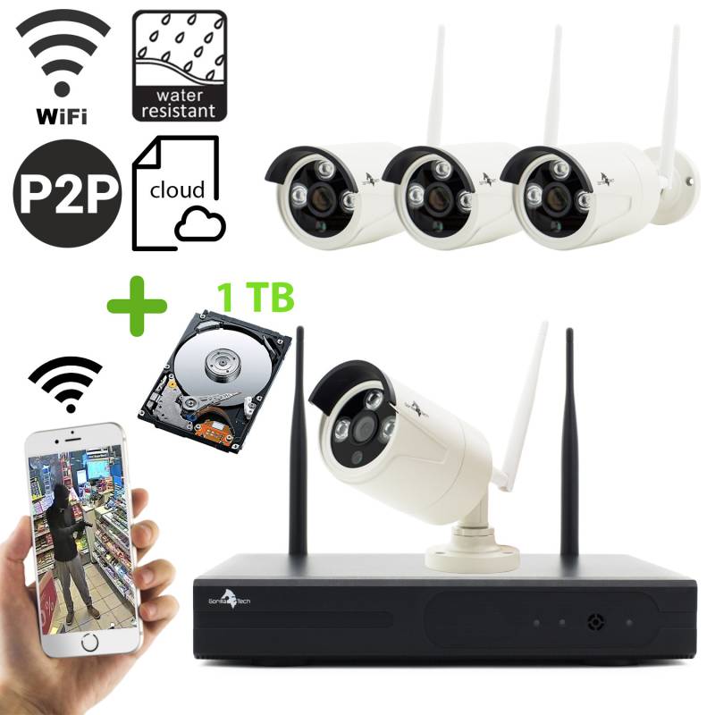 Funk WiFi Full HDÜberwachungskameraset mit 4 Außenkameras inkl. 1 TB Festplatte von Geeek