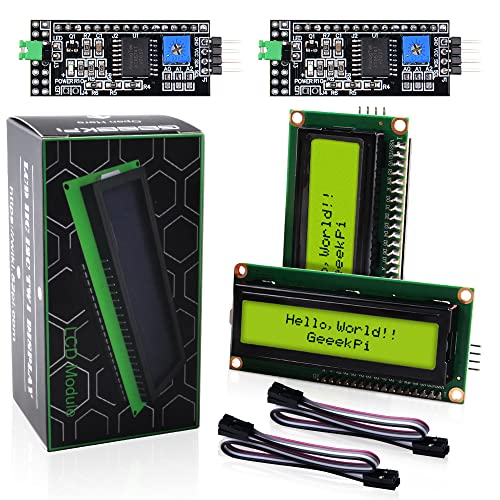 GeeekPi 1602 16x2 Character LCD Display Module Yellow Backlight with IIC I2C Serial Interface Adapter Board for Raspberry Pi Arduino STM32 DIY Maker Project BPI Tinker Board Electrical IoT (2Pack) von GeeekPi