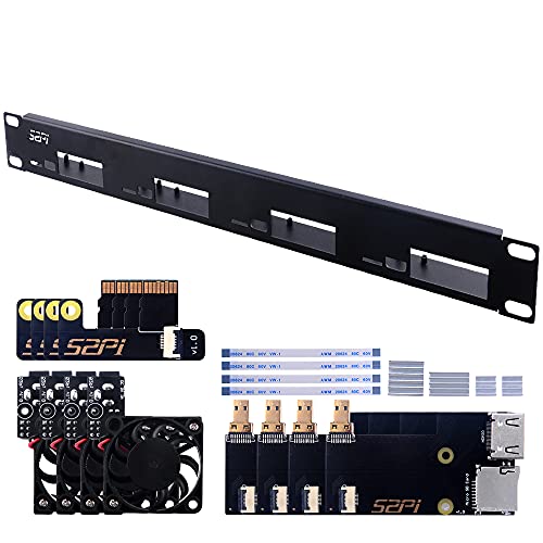 GeeekPi 1U Rack Kit für Raspberry Pi 4B, 19" 1U Rackmount Unterstützt 1-4 Einheiten mit 4 Raspberry Pi Lüftern, Kühlkörper, Micro HDMI zu HDMI Boards, TF Karte zu FPC Boards für Raspberry Pi 4B von GeeekPi