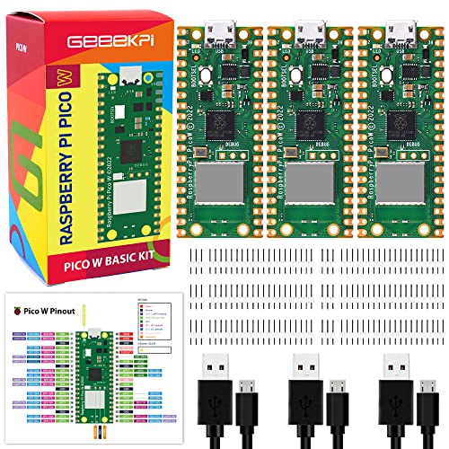 GeeekPi 3Pack Raspberry Pi Pico W with Pin Headers & USB Cables- Raspberry Pi RP2040 Chip, Wi-Fi Wireless Connectivity, Raspberry Pi Pico W Boards, 20Pin Headers, 3Pin Headers, USB Cables Included von GeeekPi