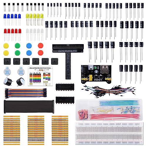 GeeekPi Electronics Component Starter Fun Kit mit Netzteilmodul,Steckbrett,GPIO Erweiterung Modul,Widerständen,Induktivitäten,Dioden,Überbrückungsdrähten,LED,kompatibel mit Arduino,Raspberry Pi,STM32 von GeeekPi