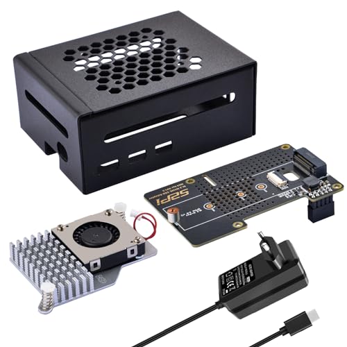 GeeekPi Metal Gehäuse for Raspberry Pi 5,mit Official Active Cooler,N04 M.2 NVMe SSD PCIe Peripheral Board und 27W USB C Netzteil für Raspberry Pi 5 8GB 4GB von GeeekPi