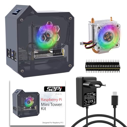 GeeekPi Mini Tower Kit mit PD 27W Netzteil für Raspberry Pi 5, Raspberry Pi 5 Gehäuse mit Ice Tower Cooler Active Kühler, 5.1V 5A USB C Netzteil, 0.96'' OLED Modul für Raspberry Pi 5 1GB/2GB/4GB/8GB von GeeekPi