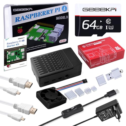 GeeekPi Raspberry Pi 4 4GB Starter Kit mit 64GB SD Karte, Raspberry Pi 4 Gehäuse mit PWM Lüfter, Raspberry Pi 5V 3.6A 18W Netzteil mit EIN/Aus Schalter, 2pcs HDMI Kabel für Raspberry Pi 4B (4GB RAM) von GeeekPi