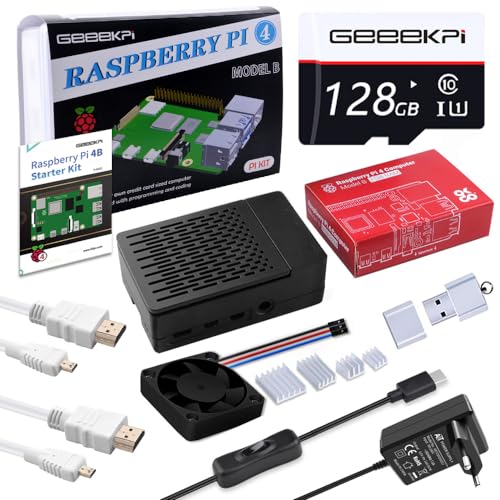 GeeekPi Raspberry Pi 4 8GB Starter Kit mit 128GB SD Karte, Raspberry Pi 4 Gehäuse mit PWM Lüfter, Raspberry Pi 5V 3.6A 18W Netzteil mit EIN/Aus Schalter, 2pcs HDMI Kabel für Raspberry Pi 4B (8GB RAM) von GeeekPi